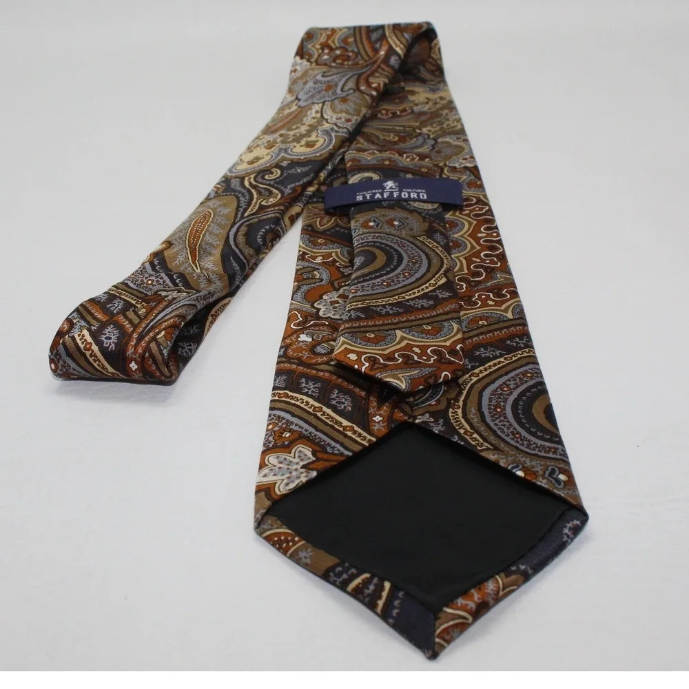 Stafford Tailored Culture Mens Silk Paisley Tie‎ Brown Tan Blue Hand Made